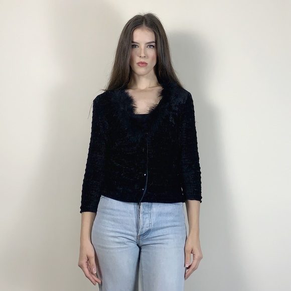 Vintage Sweaters - Y2K vintage velvet cardigan with marabou trim.